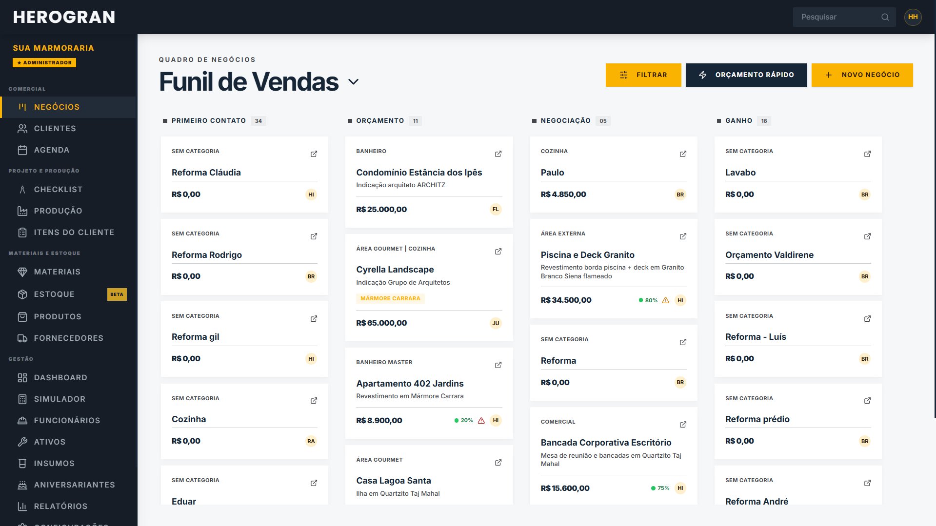 Funil de vendas do CRM para marmorarias HEROGRAN