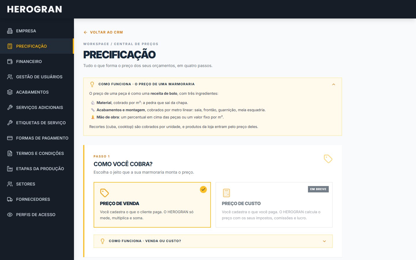 Central de precificação do simulador de preço para marmorarias HEROGRAN