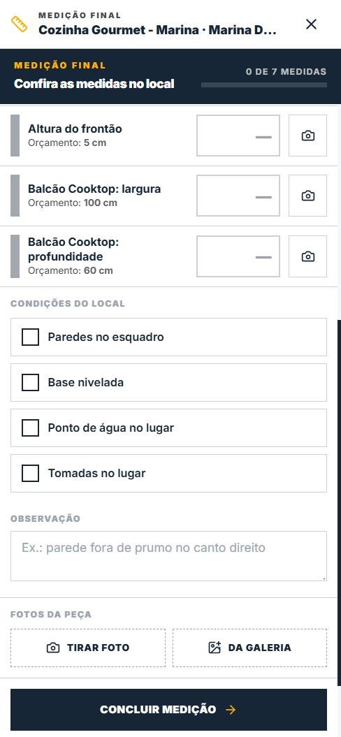 Condições do local e fotos da peça na medição final do checklist para marmorarias