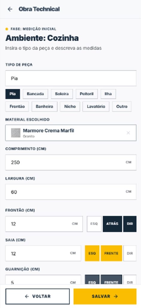 Cadastro de peças e medidas no checklist do HEROGRAN