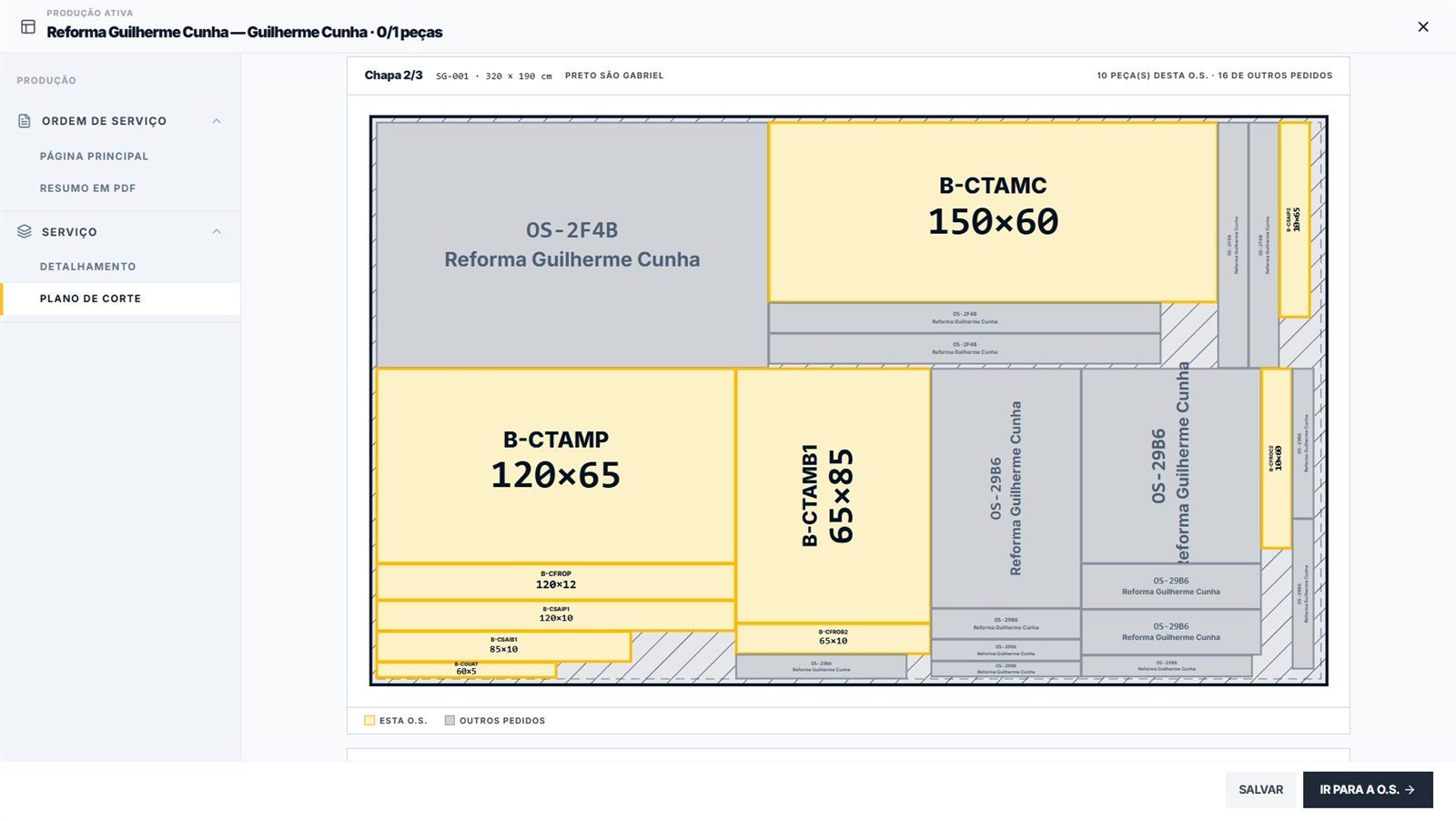 Plano de corte com peças desta O.S. em amarelo e de outros pedidos em cinza