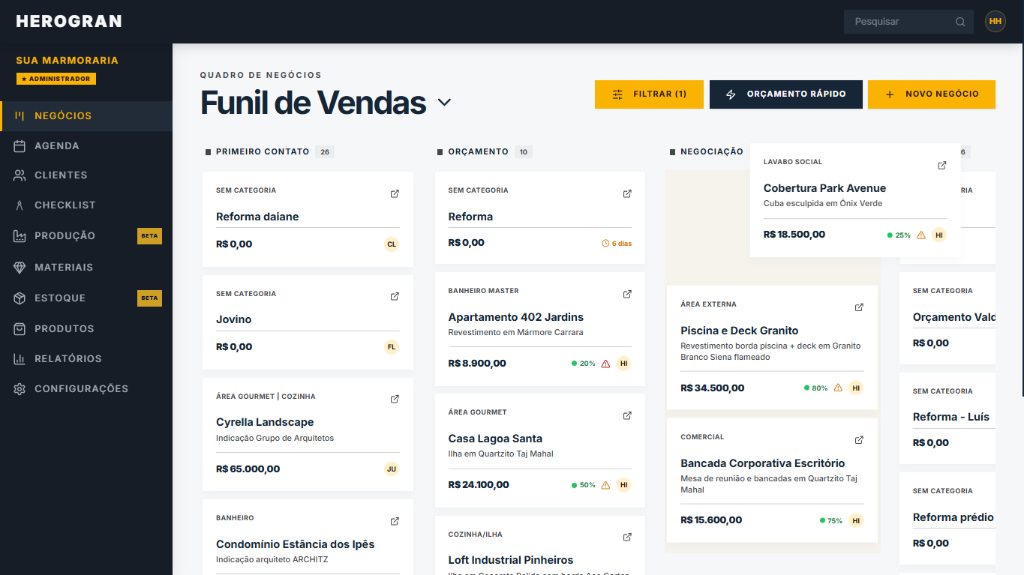 Funil de vendas do CRM para marmorarias com negócios por etapa e responsável