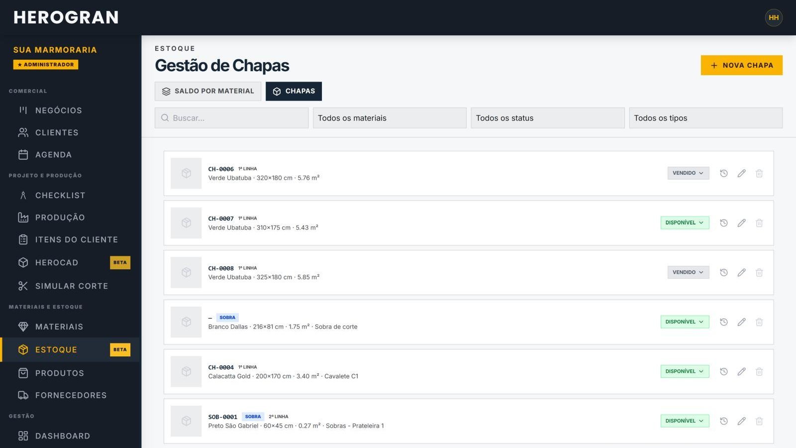 Lista de chapas e sobras com medidas, m² e status no controle de estoque para marmorarias