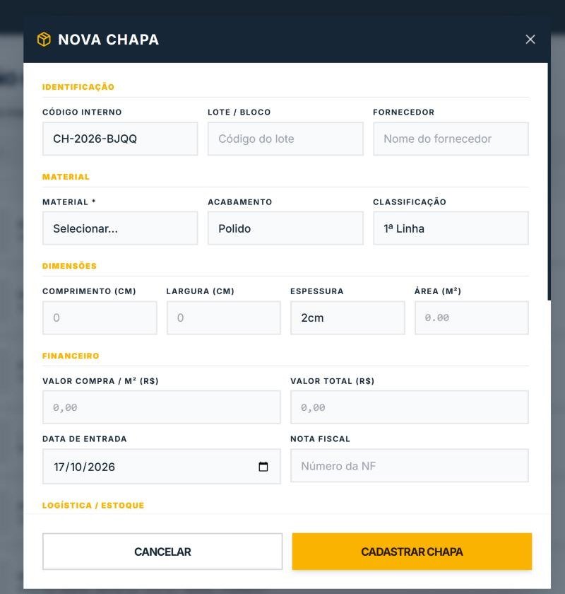 Cadastro de nova chapa com material, dimensões e valor de compra no controle de estoque para marmorarias