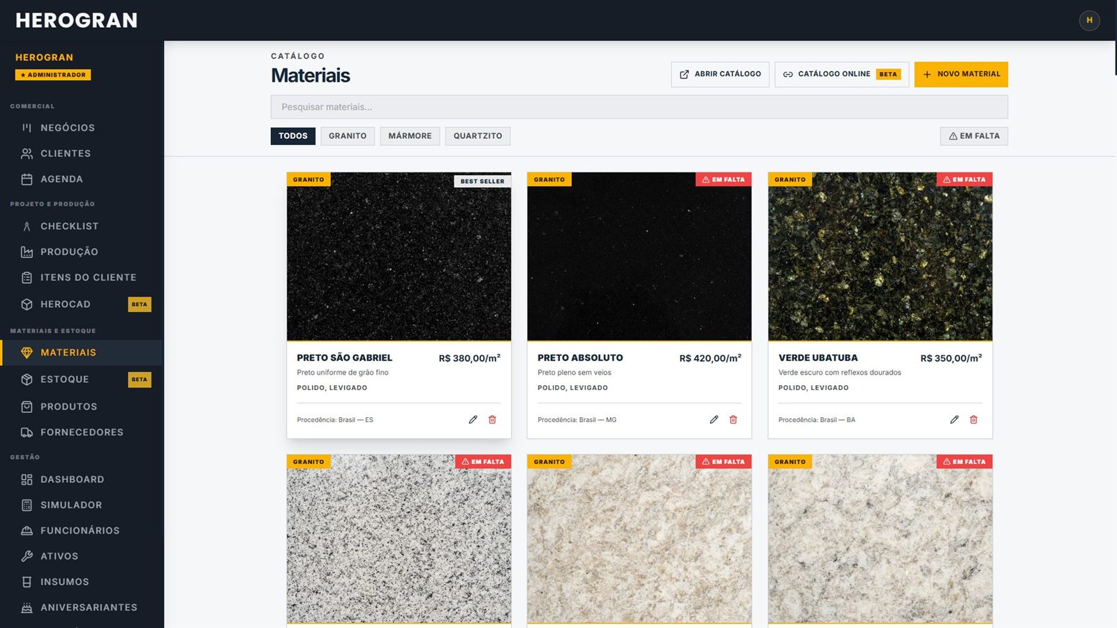 Catálogo de materiais para marmorarias no HEROGRAN