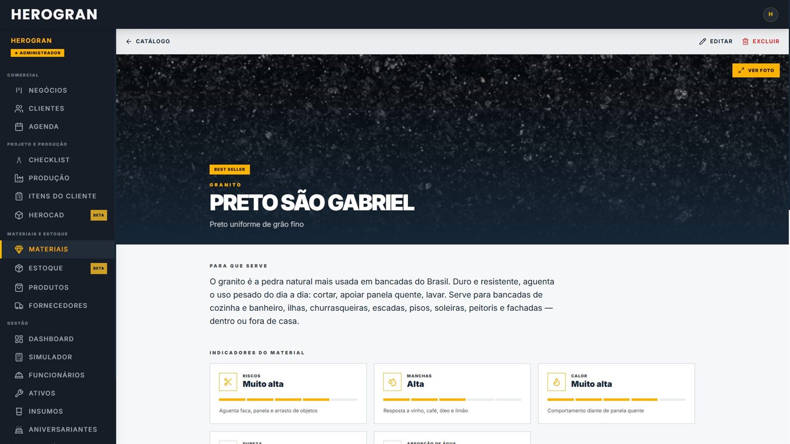 Ficha técnica do granito Preto São Gabriel no catálogo de materiais para marmorarias