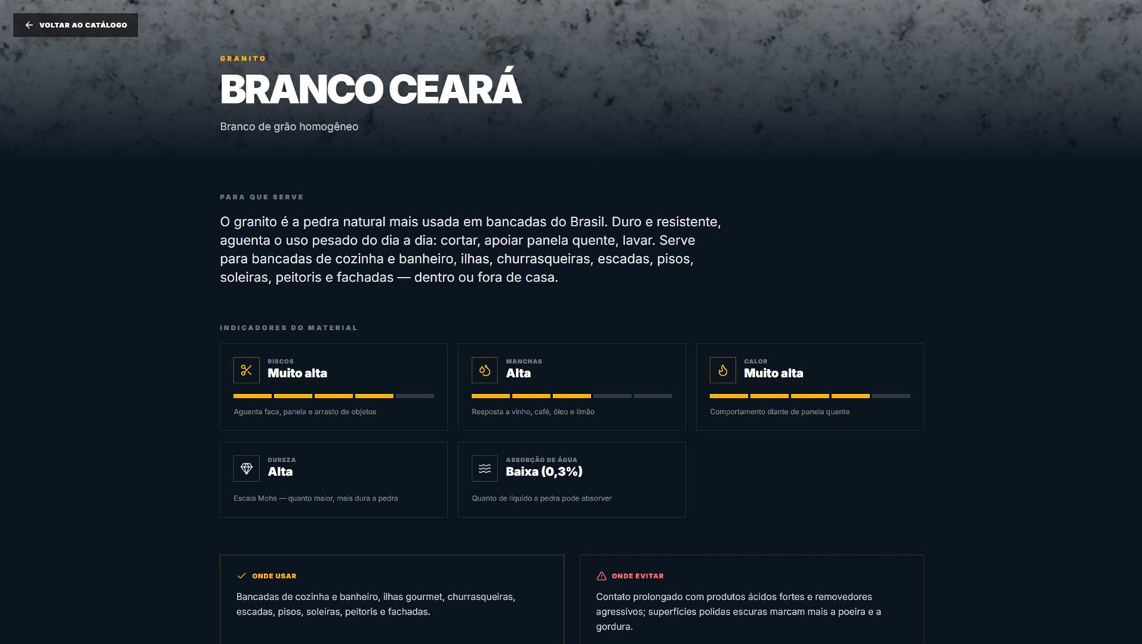 Ficha pública do granito Branco Ceará com onde usar e onde evitar