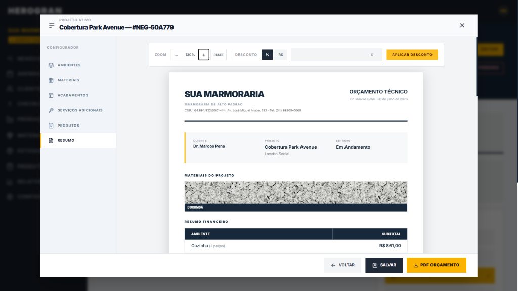Orçamento técnico aberto dentro da negociação no CRM para marmorarias HEROGRAN