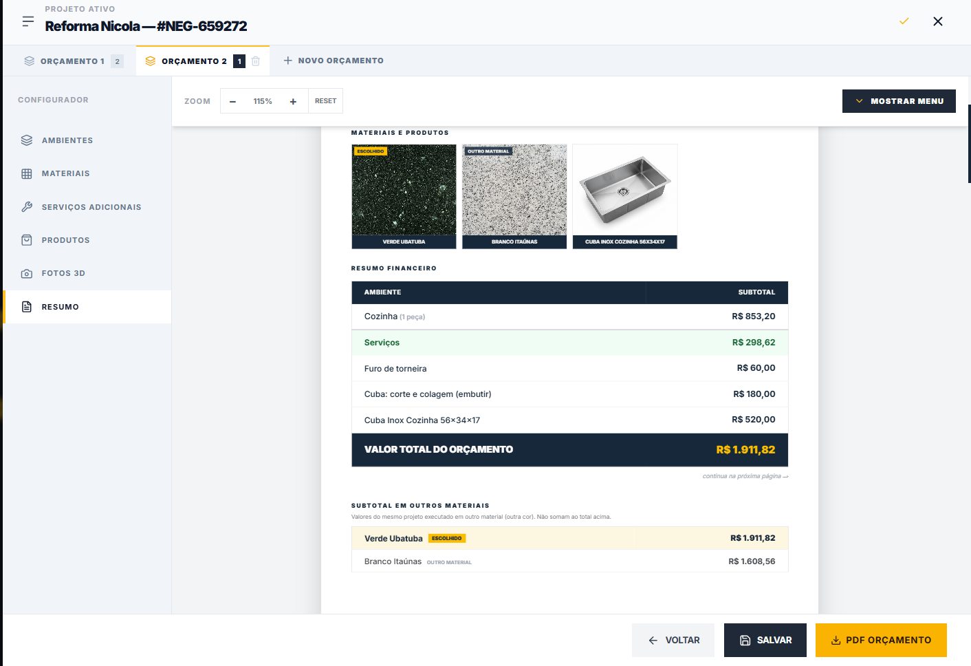 Resumo financeiro do orçamento com subtotal em outros materiais no HEROGRAN