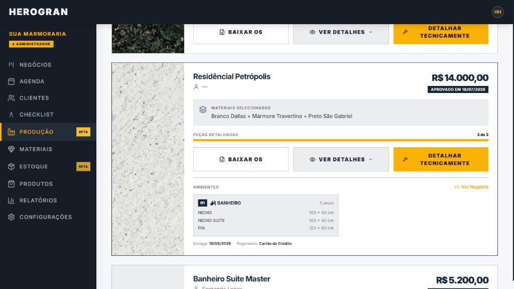 Negócios aprovados com peças detalhadas e download da ordem de serviço no HEROGRAN