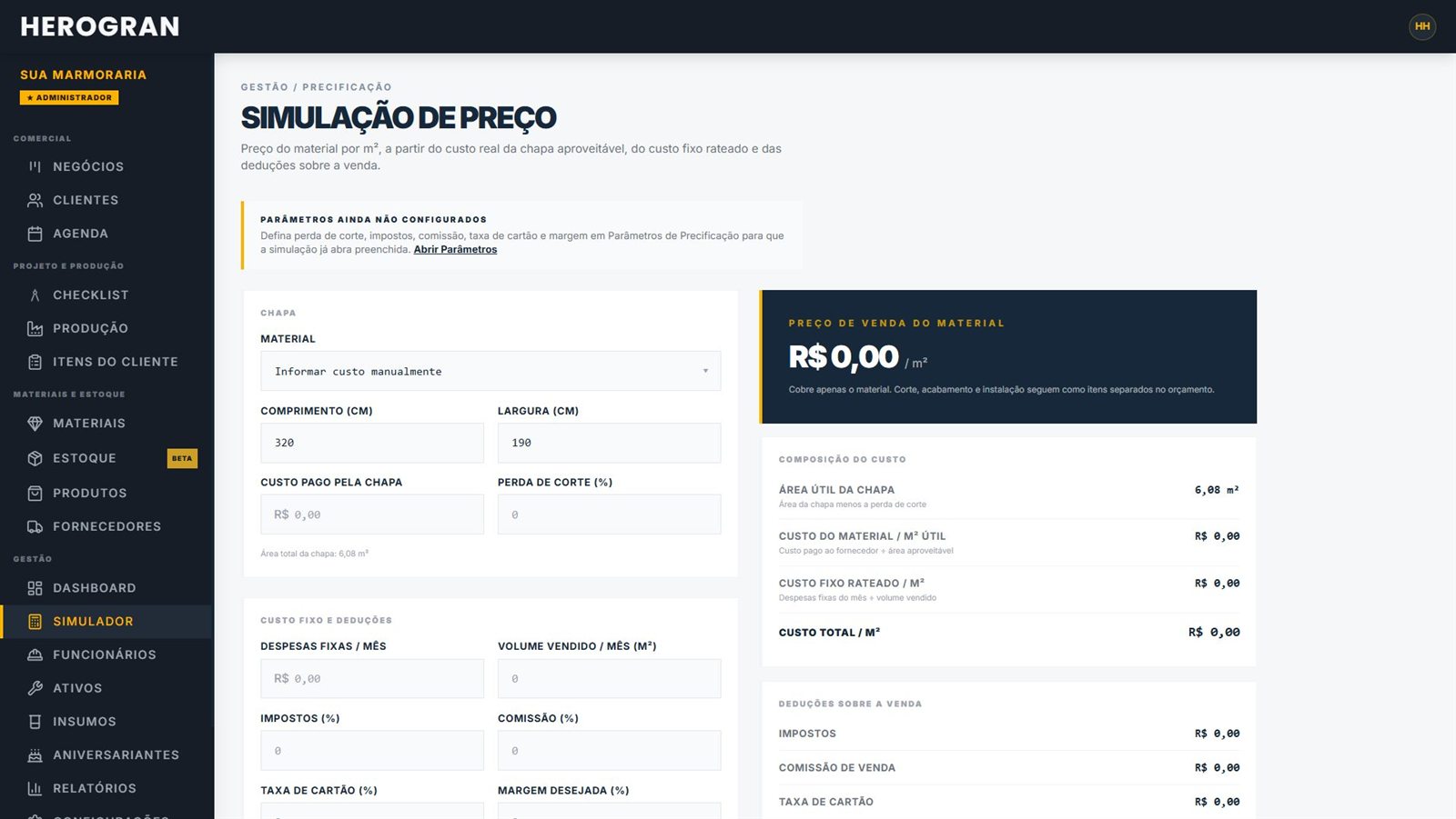 Simulador de preço do m² para marmorarias